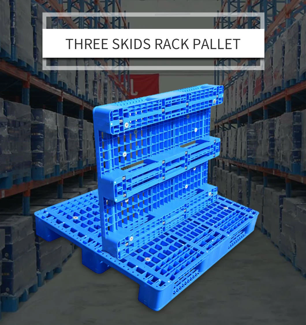 Hot Sale 3/Three Runner/Skids Cheap Blue HDPE Durable Steel Reinforced Rackable and Stackable Vented Single Face Grid Euro Plastic Pallet for Warehouse Rack